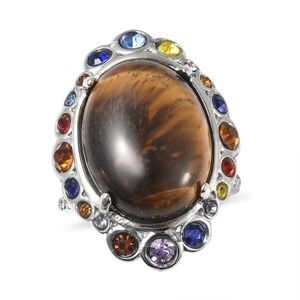 South African Tiger's Eye Austrian Crystal Ring Size 9